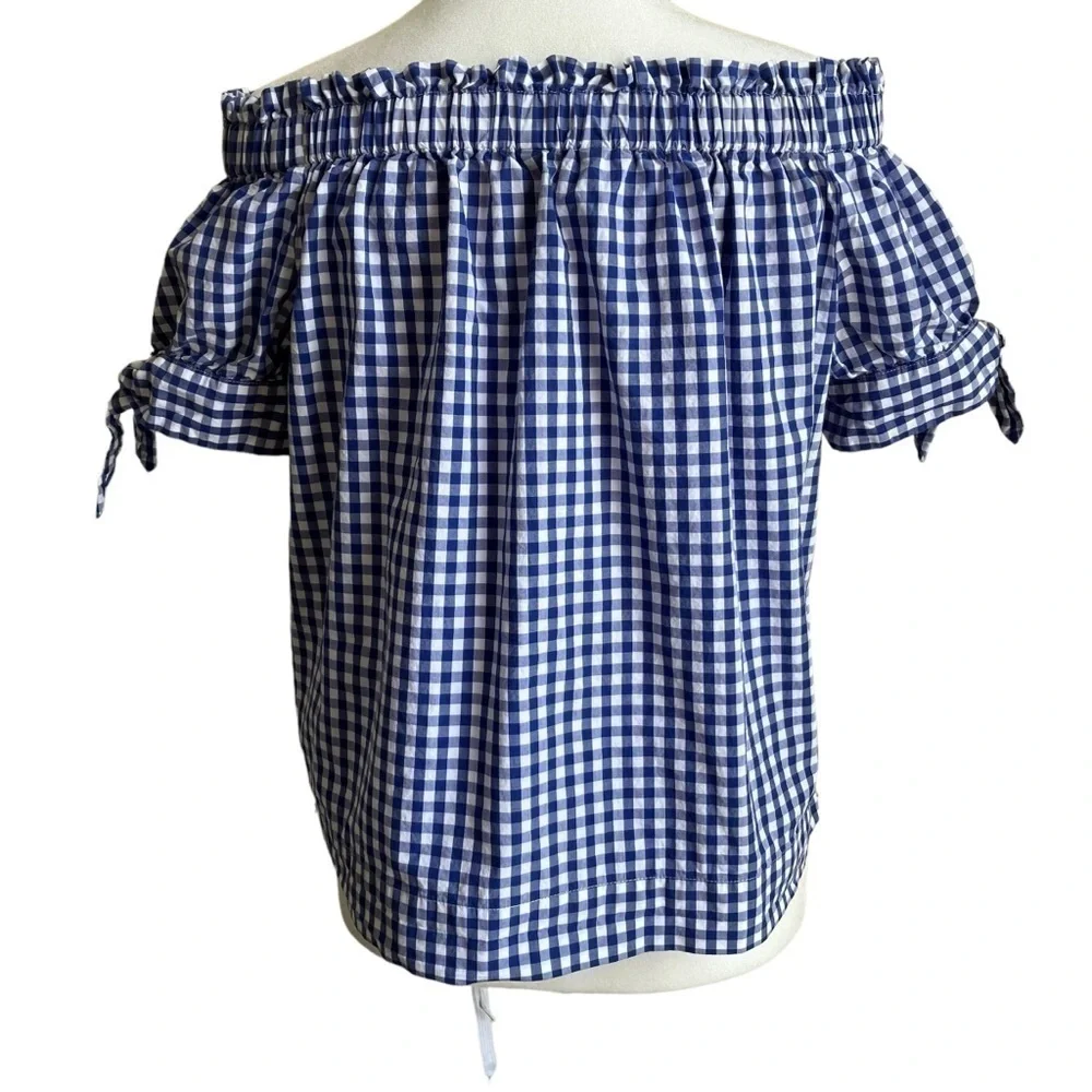 J. Crew Blue White Gingham Checkered Off The Shoulder Top Cottagecore Size 2